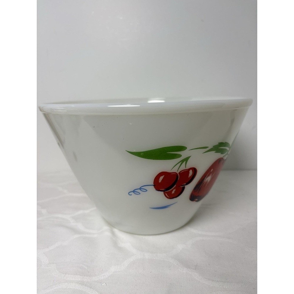 Vintage Fire King Splash Proof Bowl Apple & Cherries 4 QT White Painted 9.5"x 6" - Picture 2 of 11